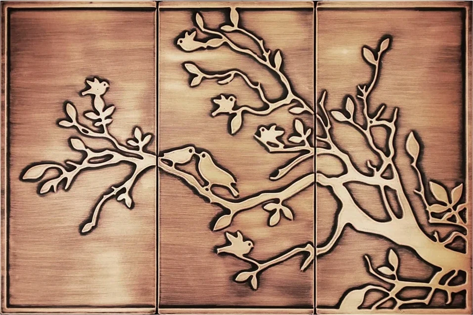 Birds on the branch on three copper tiles