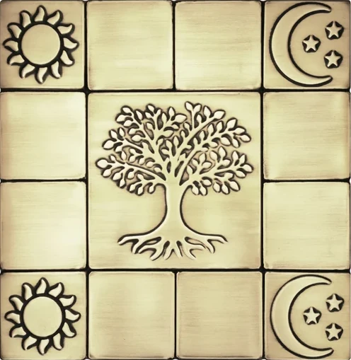 A set of copper tiles with a tree, moons and suns brass version