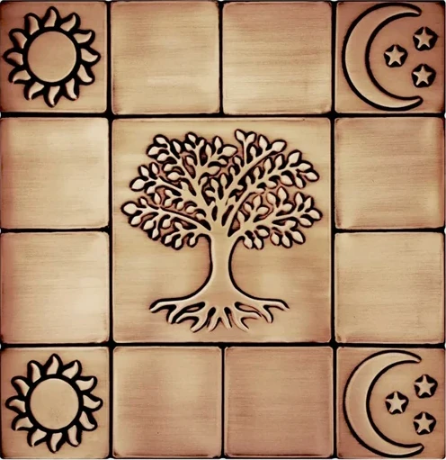 A set of copper tiles with a tree, moons and suns copper version
