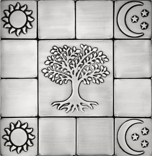 A set of copper tiles with a tree, moons and suns silver version