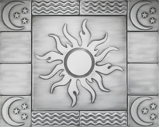 Sun, moon, stars on metal tiles