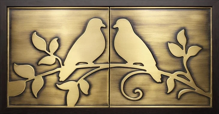 Birds in love metal tiles in wooden frame stainless brass version