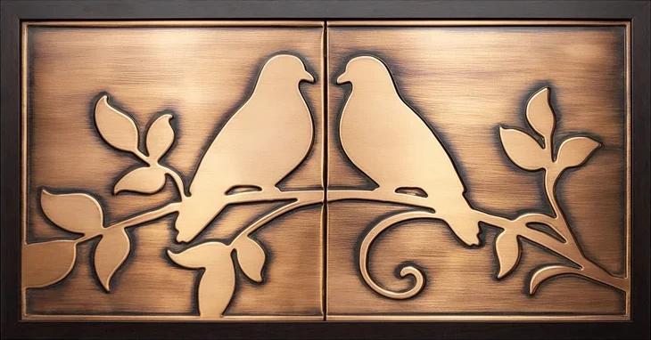 Birds in love metal tiles in wooden frame stainless copper version