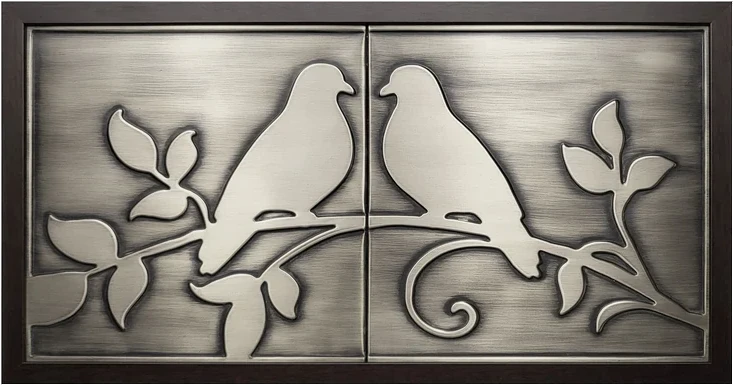 Birds in love metal tiles in wooden frame stainless steel version