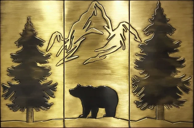 Handmade Bear and mountains in a wooden frame brass version