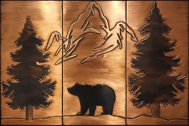 Handmade Bear and mountains in a wooden frame copper version