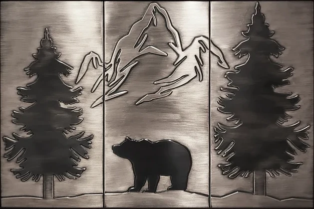 Handmade Bear and mountains in a wooden frame silver version