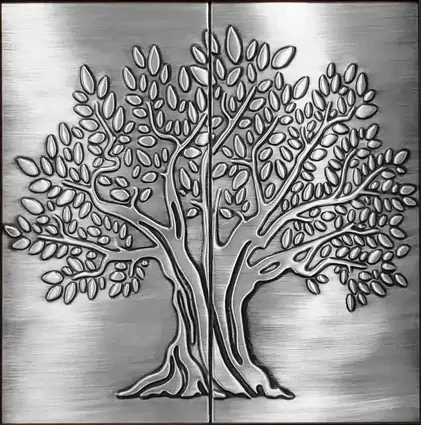 Tree of life on a two stainless steel tiles