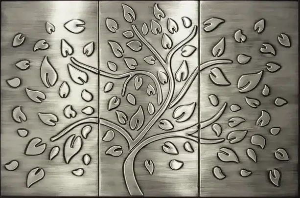 Tree of life on three stainless steel tiles