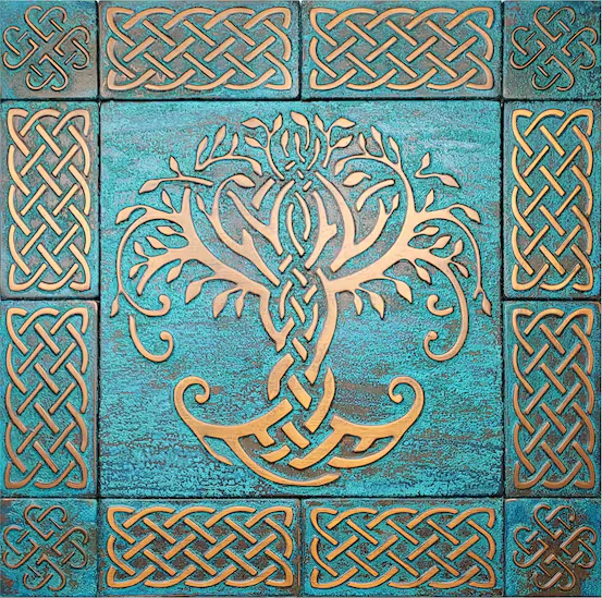 Magnificent, unique Celtic tree of life backsplash blue patina backsplash