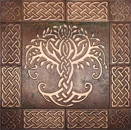 Magnificent, unique Celtic tree of life backsplash brown patina backsplash