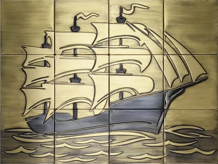 Sailing ship on brass wall tiles