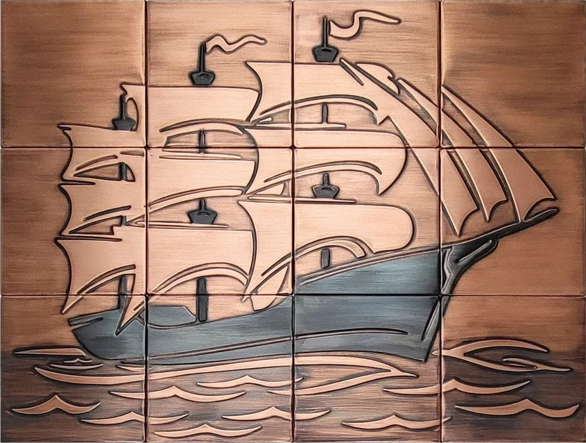 Sailing ship on copper wall tiles