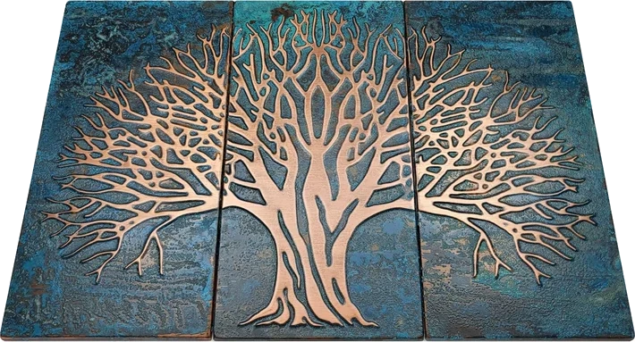 Tree of life on three metal tiles blue patina 2 version