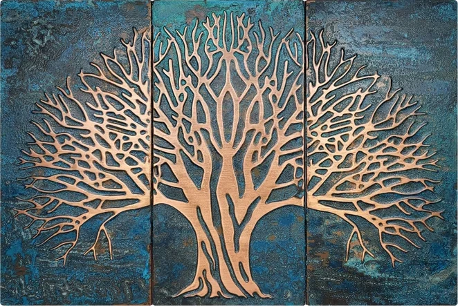 Tree of life on three metal tiles blue patina version