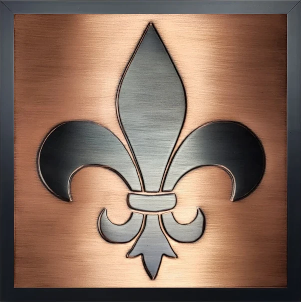 Fleur de lis copper tile in wooden frame