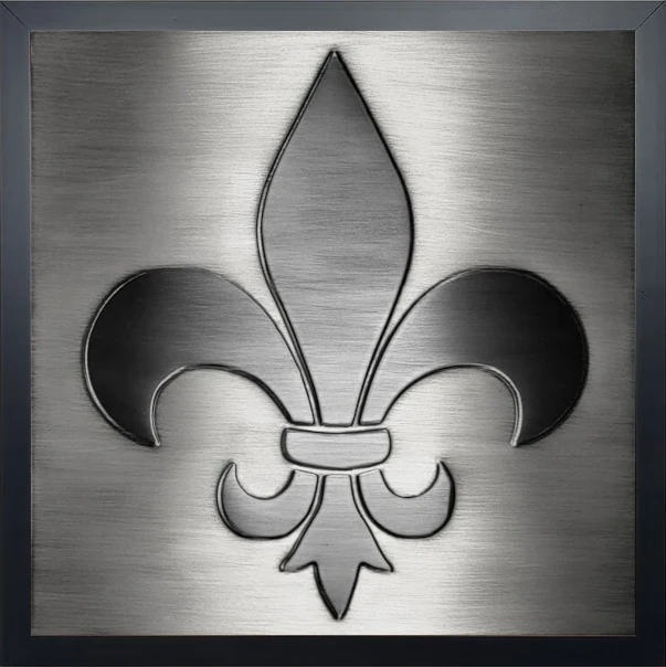 Fleur de lis steel tile in wooden frame