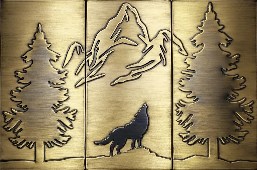 Wolf, mountains and two pines on metal wall brass tiles