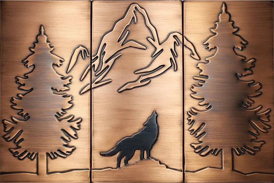 Wolf, moauntains and two pines on metal wall copper tiles