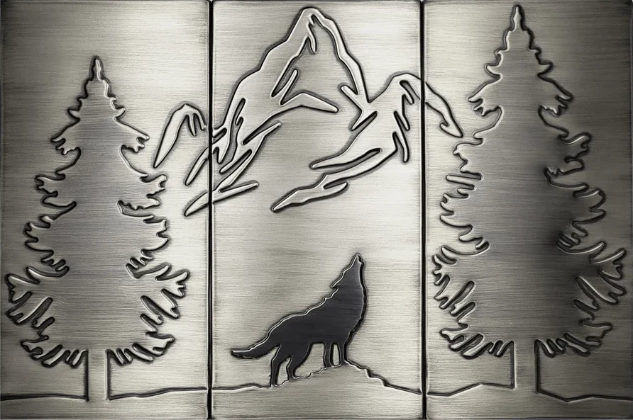 Wolf, mountains and two pines on metal wall silver tiles