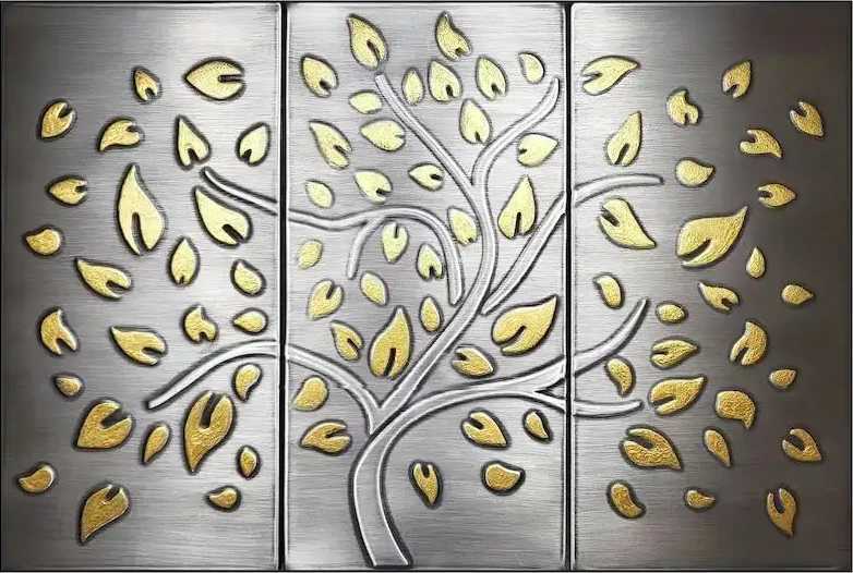 Exclusive, limited stainless 2 tree with brass falling leaves