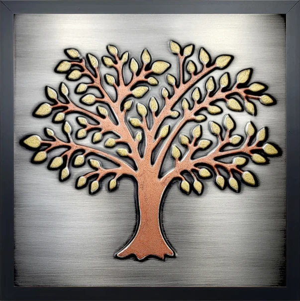 Exclusive stainless 2 tree of life with brass leaves and a copper trunk in wooden frame