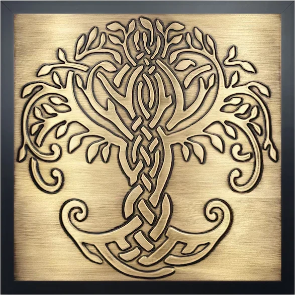 celtic tree of life brass tile in wooden frame