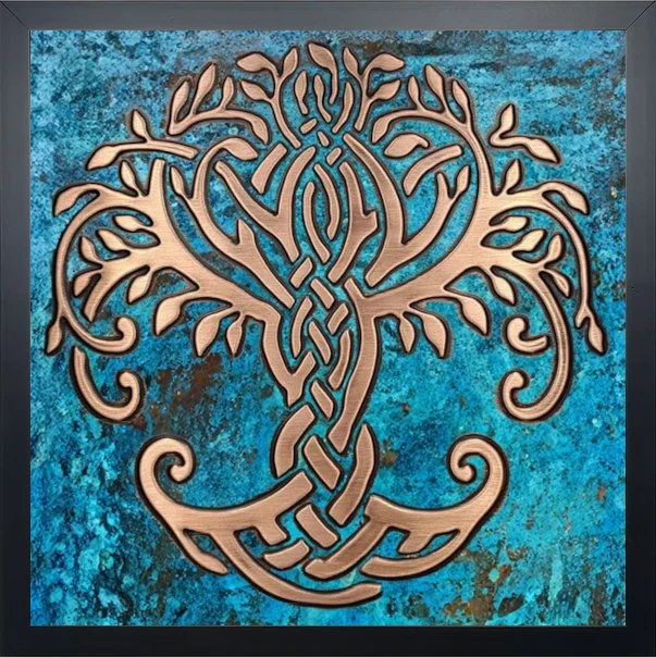 celtic tree of life on colored blue metal tile in wooden frame