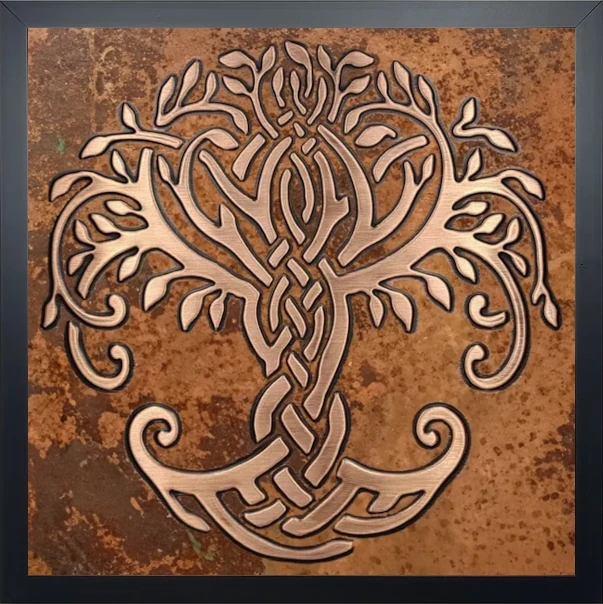 celtic tree of life on colored brown metal tile in wooden frame