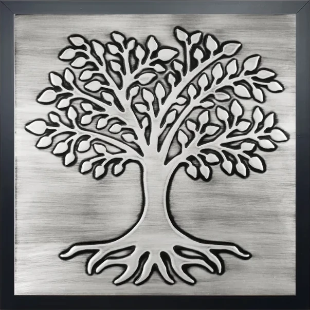 Beautiful tree on steel tile in wooden frame