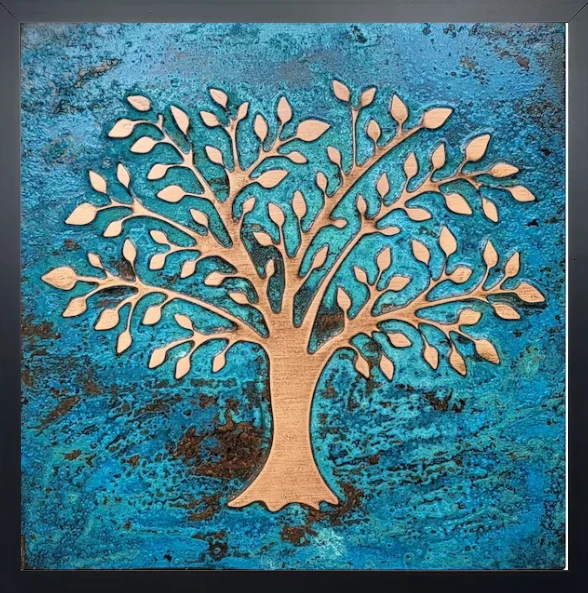 Beautiful tree on copper tile with blue patina in wooden frame