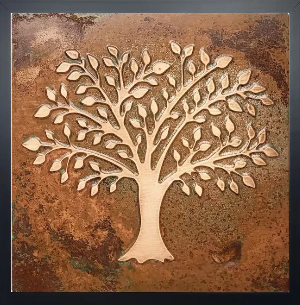 Beautiful tree on copper tile with patina brown in wooden frame