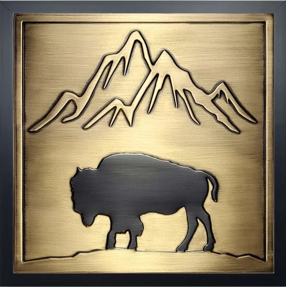 Bison and mountains in frame brass version