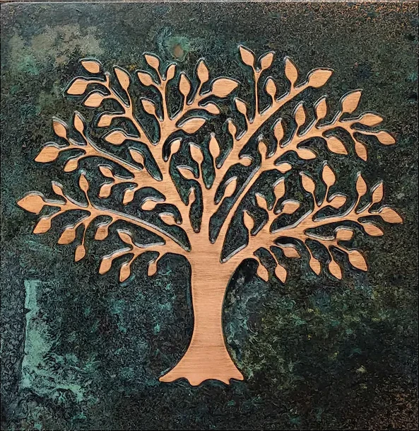 Handmade copper Tree of Life covered with black patina