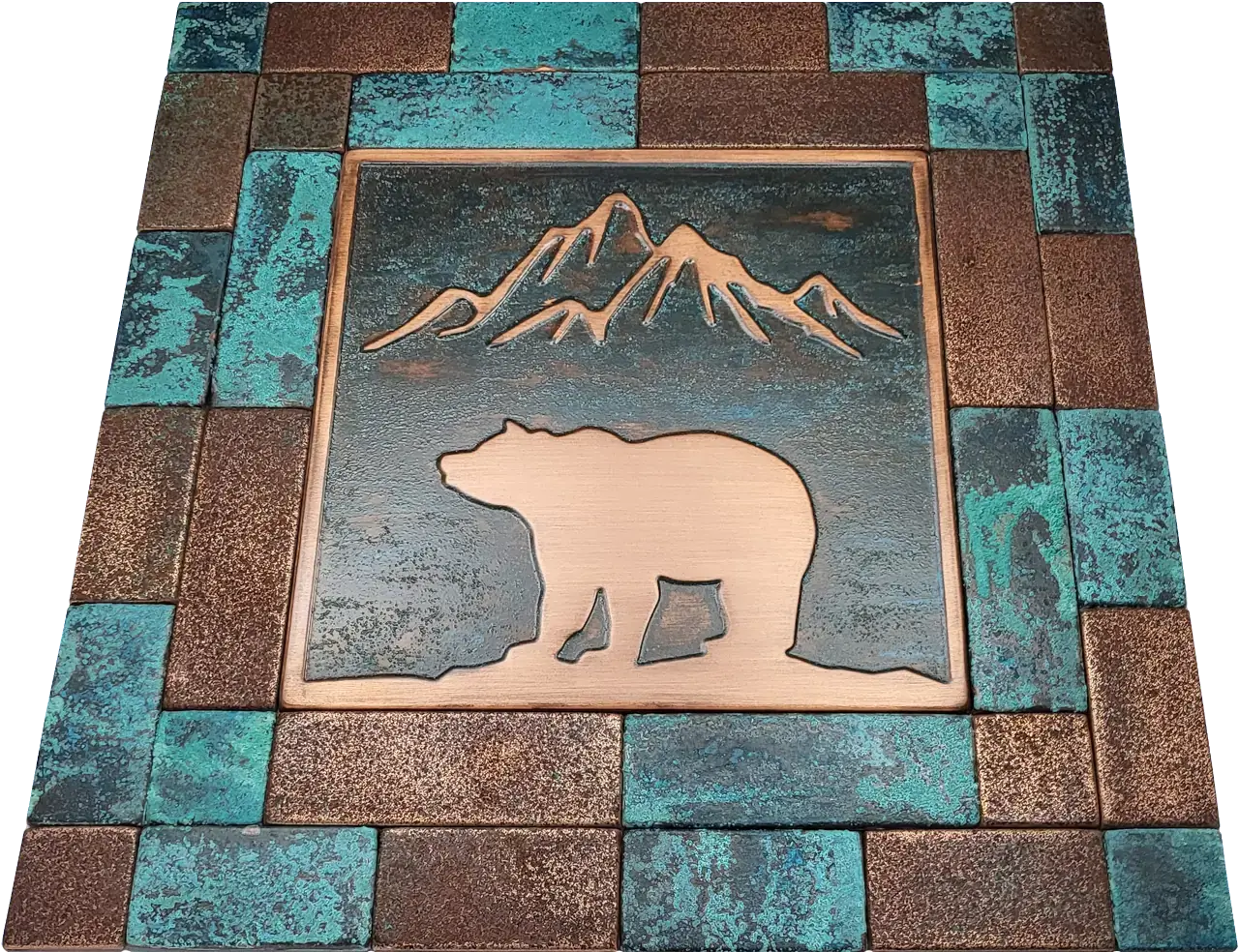 Bear and Mountains on colored copper 4 tiles