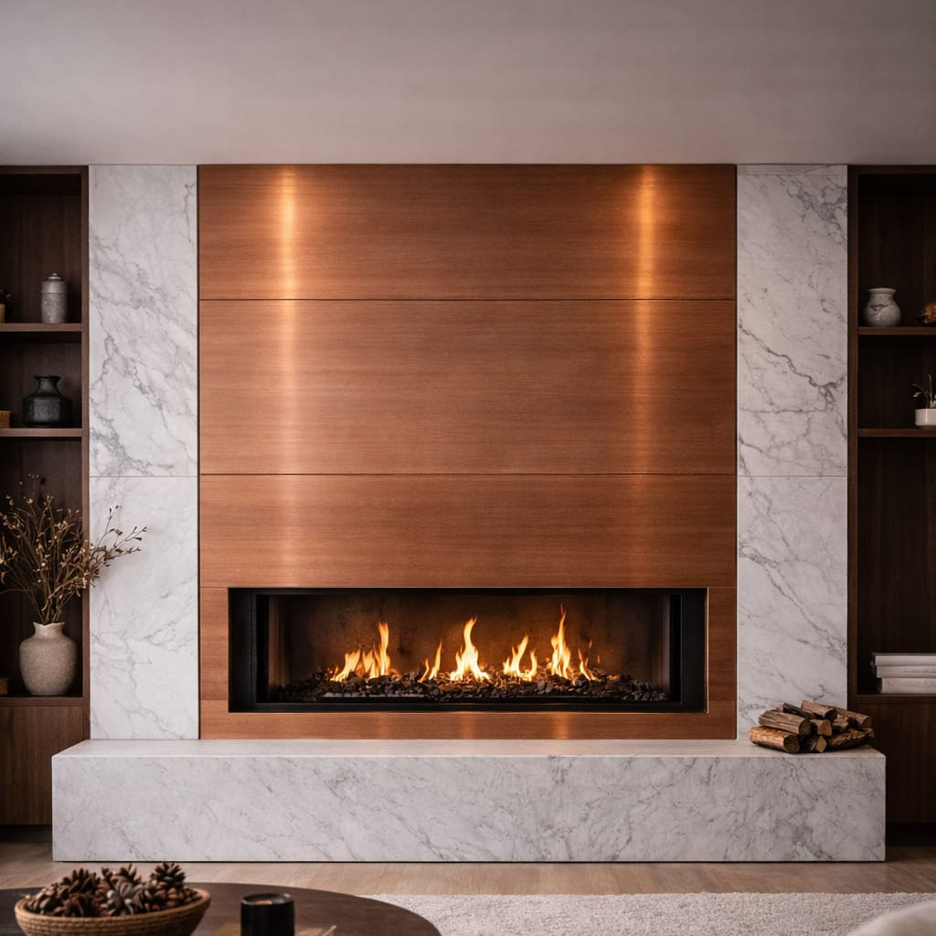 Handcrafted real copper wall panels – modern interior installation
